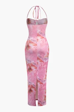 Floral Print Halter Slit Corset Midi Dress