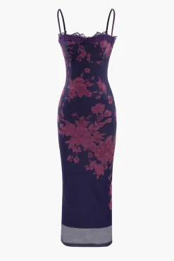 Floral Print Lace Trim Slit Maxi Dress