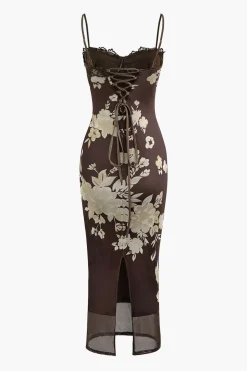 Floral Print Lace Trim Slit Maxi Dress