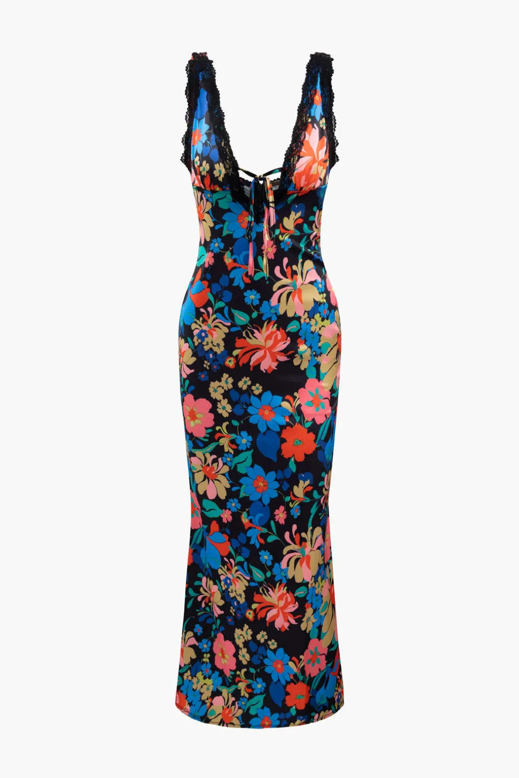 Floral Print Lace Trim V-neck Maxi Dress