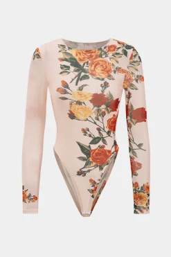 Floral Print Mesh Long Sleeve Bodysuit