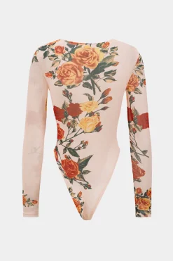Floral Print Mesh Long Sleeve Bodysuit