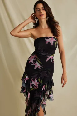 Floral Print Mesh Ruffle Layered Strapless Midi Dress