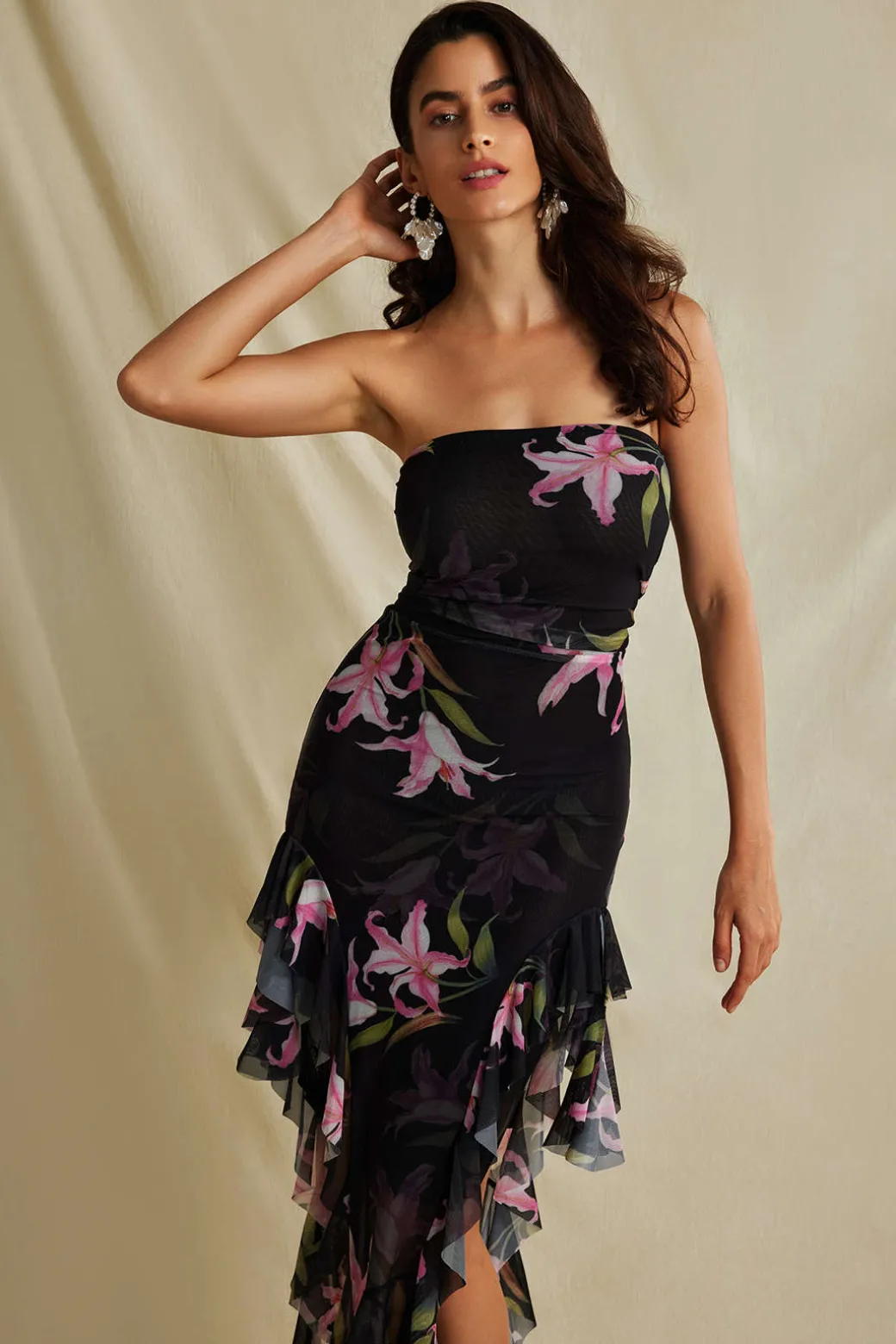 Floral Print Mesh Ruffle Layered Strapless Midi Dress