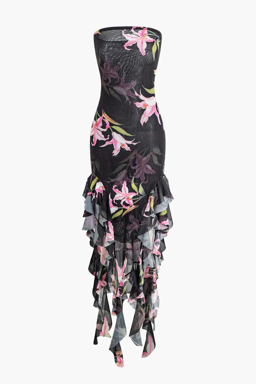 Floral Print Mesh Ruffle Layered Strapless Midi Dress