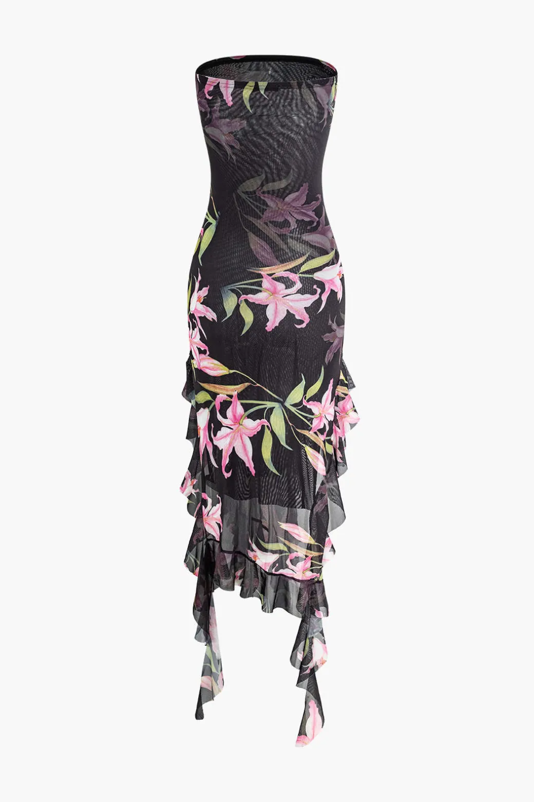 Floral Print Mesh Ruffle Layered Strapless Midi Dress