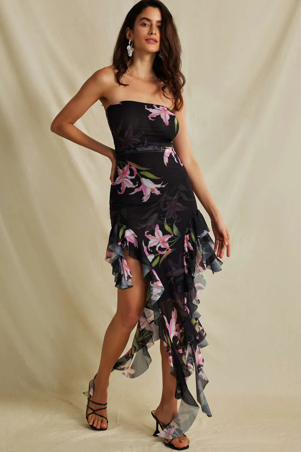Floral Print Mesh Ruffle Layered Strapless Midi Dress