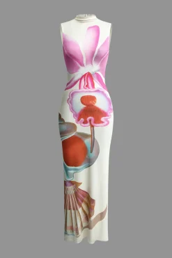 Floral Print Mock Neck Slit Sleeveless Maxi Dress