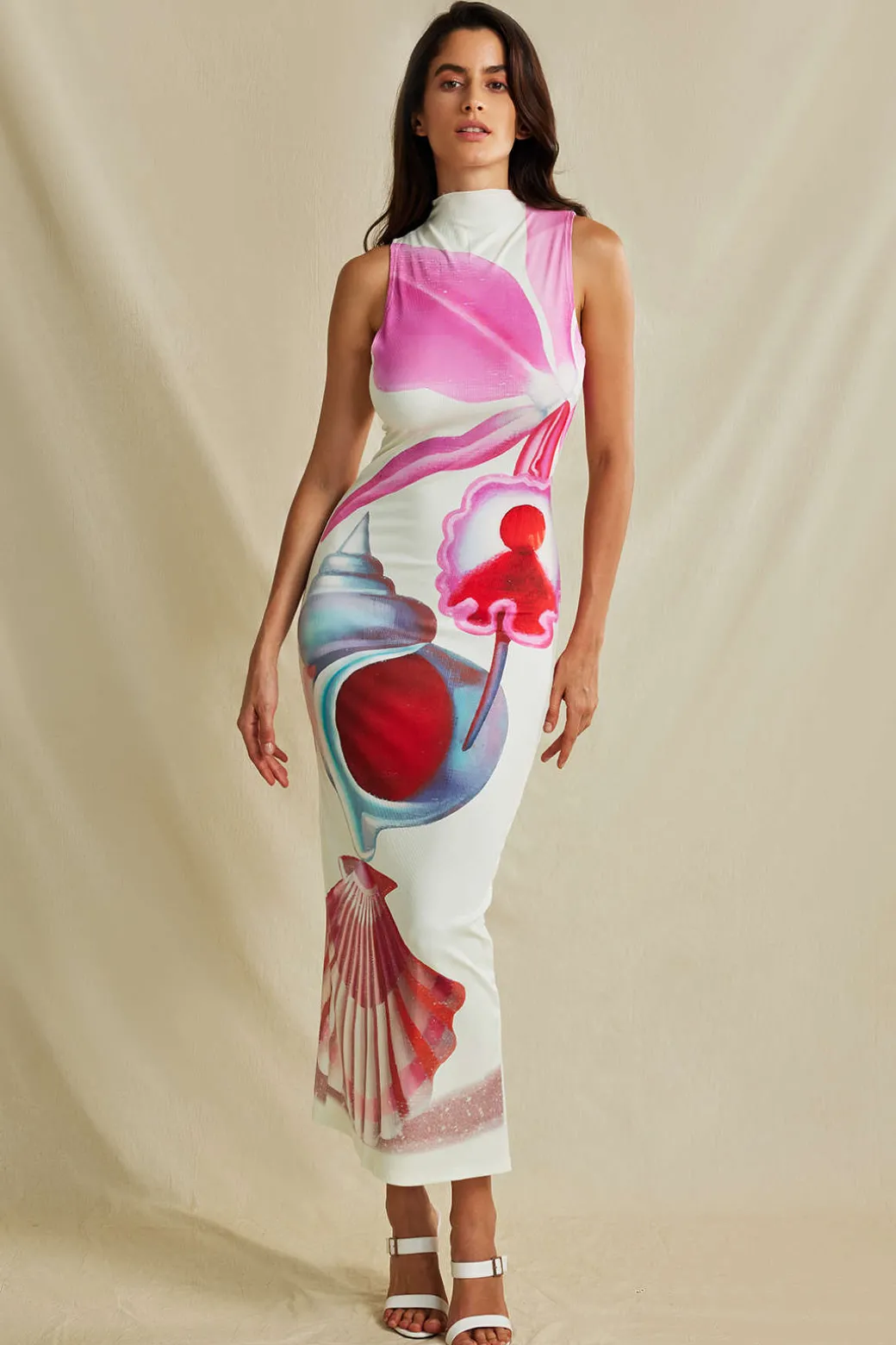 Floral Print Mock Neck Slit Sleeveless Maxi Dress