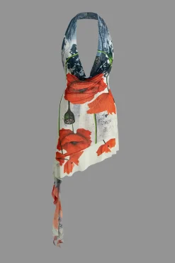 Floral Print Ruffle Backless V-neck Halter Mini Dress