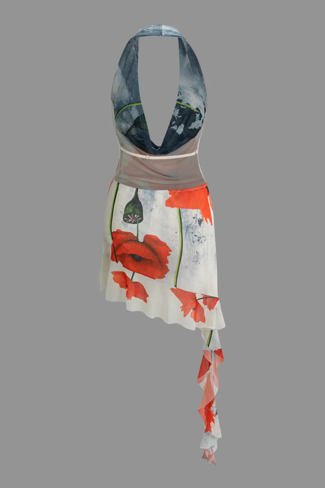 Floral Print Ruffle Backless V-neck Halter Mini Dress