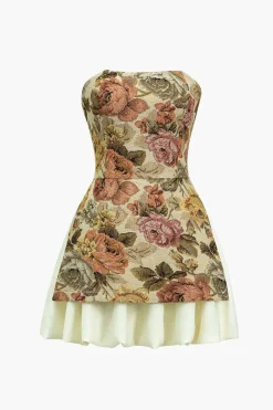 Floral Print Strapless Patchwork Slit Mini Dress