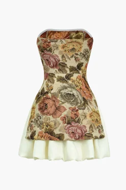 Floral Print Strapless Patchwork Slit Mini Dress