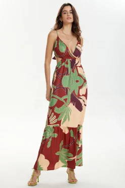 Floral Print Tie Back Ruffle Maxi Dress