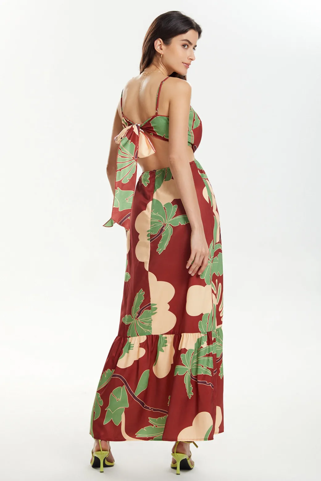 Floral Print Tie Back Ruffle Maxi Dress