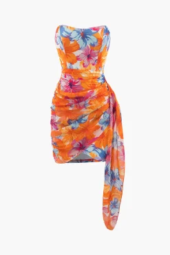 Floral Print Wrap Ruched Strapless Mini Dress