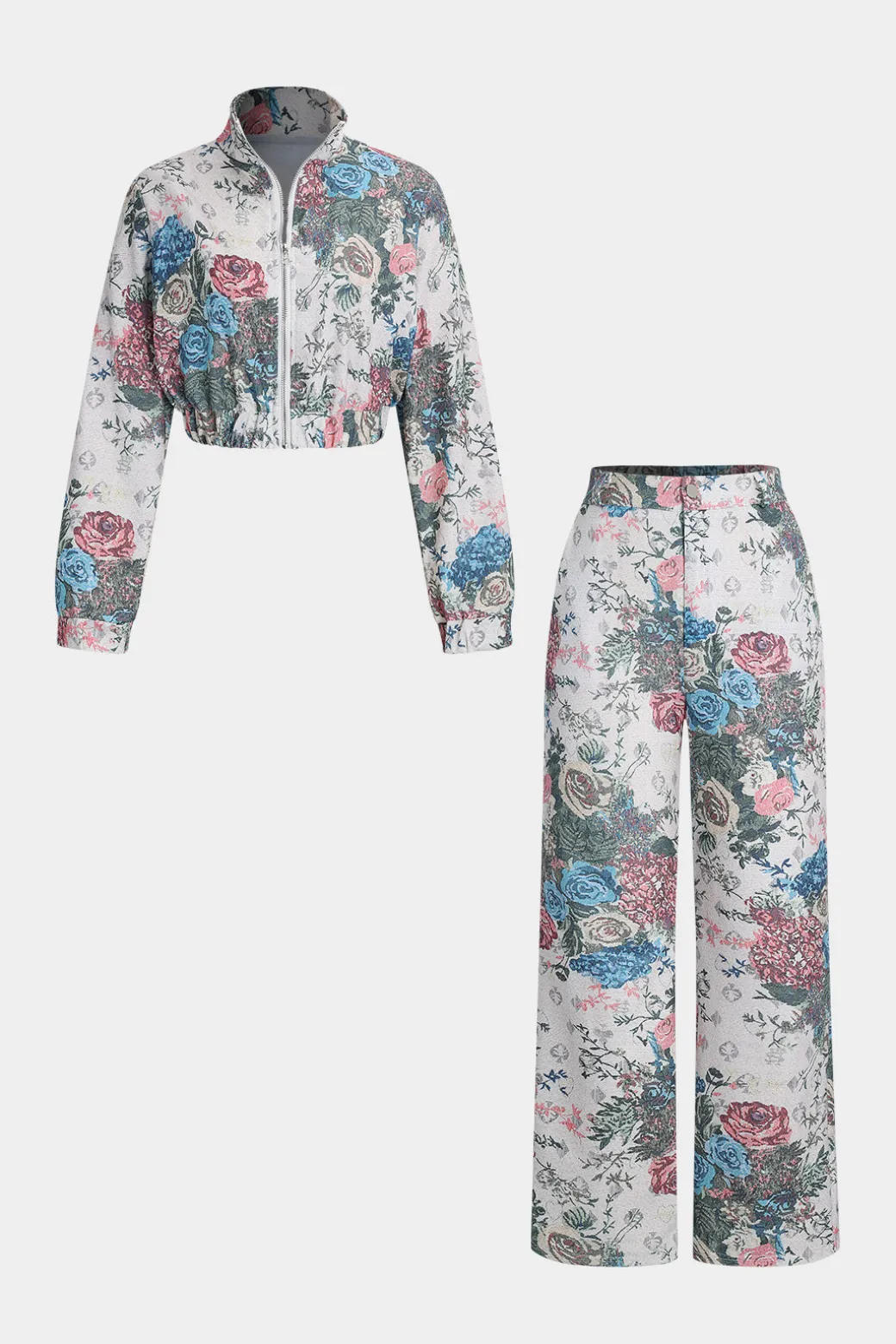 Floral Print Zipper Stand Collar Top And Trousers Set