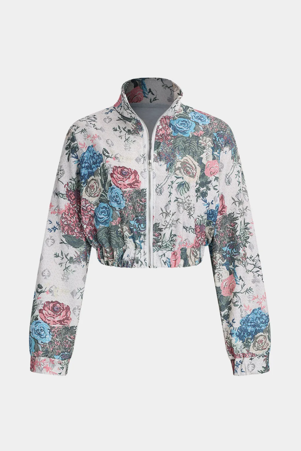 Floral Print Zipper Stand Collar Top And Trousers Set