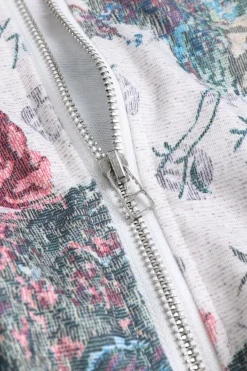 Floral Print Zipper Stand Collar Top And Trousers Set