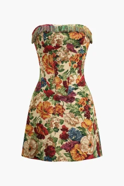 Floral Print Zipper Strapless Mini Dress