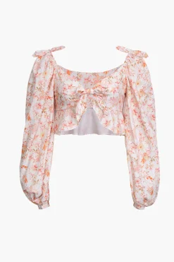 Floral Puff Sleeve Tie Front Blouse