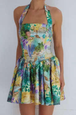 Floral Tropical Print Halter Neck Sleeveless Mini Dress