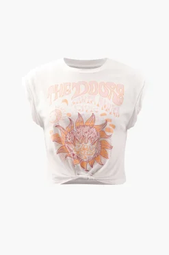 Flower Print Hem Knotted Short Sleeve T-Shirt