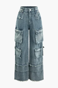 Frayed Pocket Cargo Wide Leg Jeans