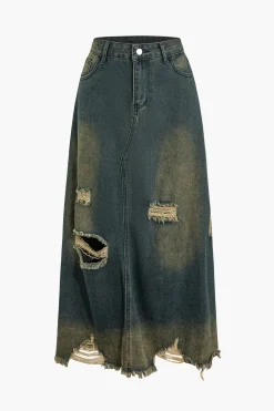 Frayed Cut Out Button Washed Denim Skirt