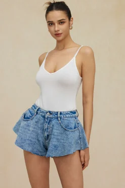 Frayed Hem Wide Leg Denim Shorts