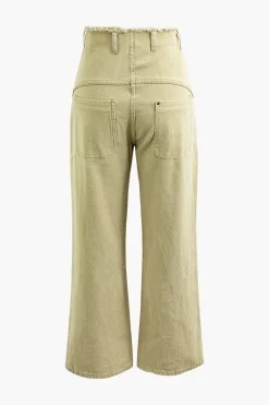 Frayed Waist Rivet Decor Straight Leg Pants