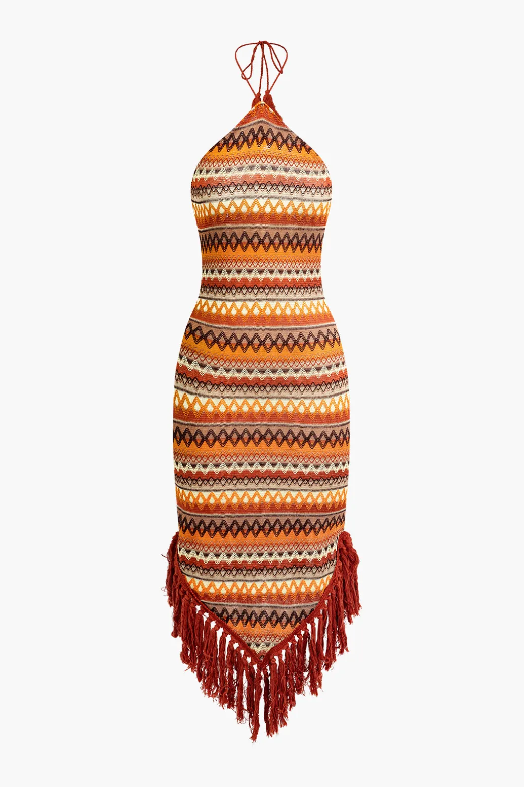 Fringe and Colorful Pattern Bohemian Halter Midi Dress