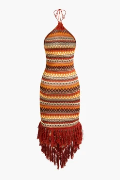 Fringe and Colorful Pattern Bohemian Halter Midi Dress