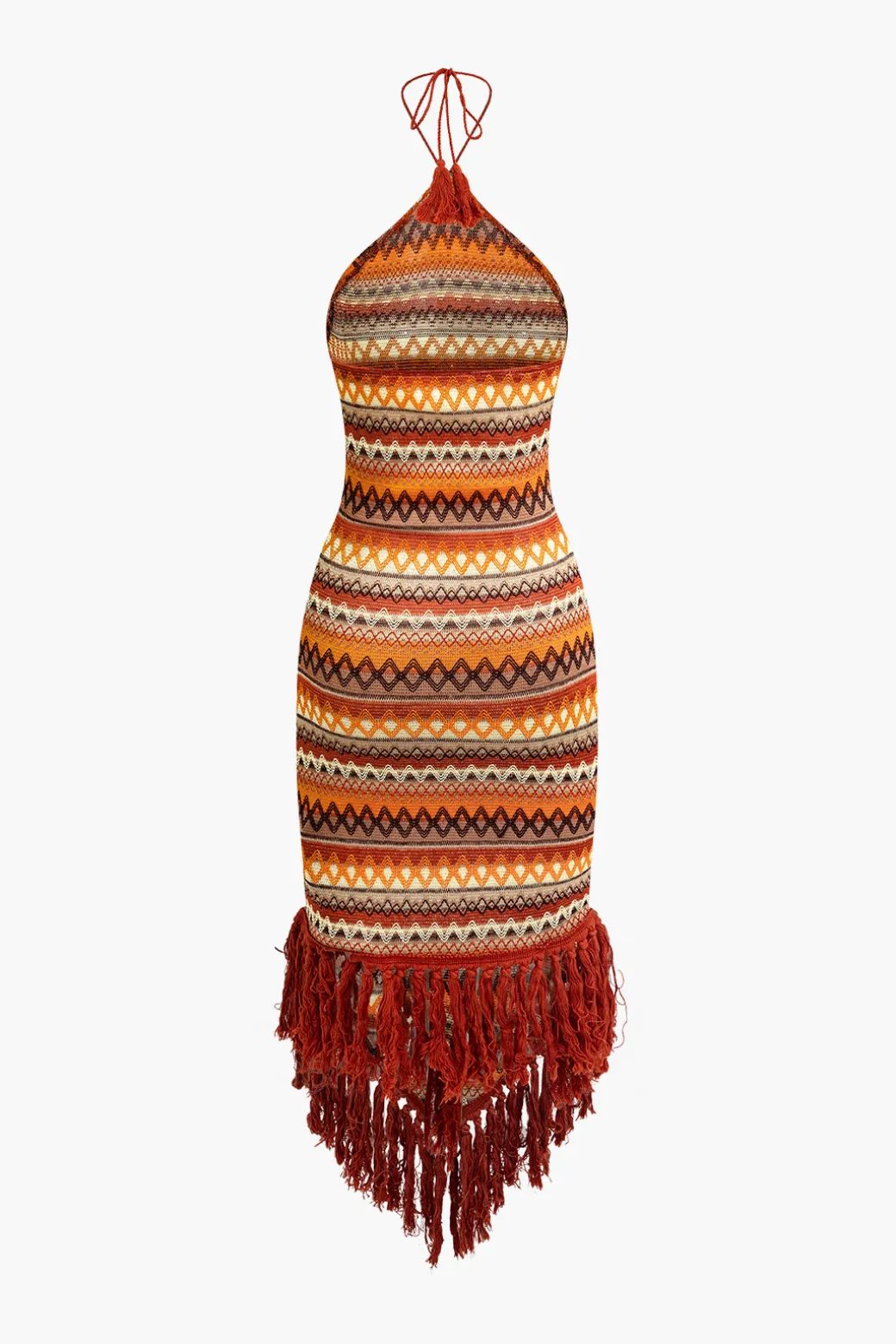 Fringe and Colorful Pattern Bohemian Halter Midi Dress