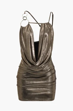 Fringe Cowl Neck Asymmetrical Mini Dress