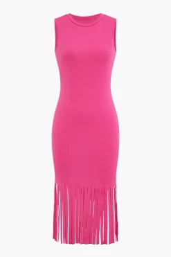 Fringe Hem Sleeveless Midi Dress