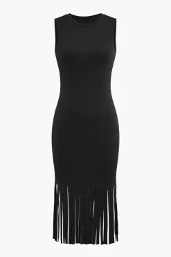 Fringe Hem Sleeveless Midi Dress
