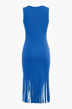 Fringe Hem Sleeveless Midi Dress