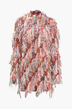 Fringe Long Sleeve Mesh Mini Dress