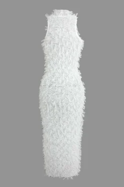 Fringe Mesh Mock Neck Midi Dress
