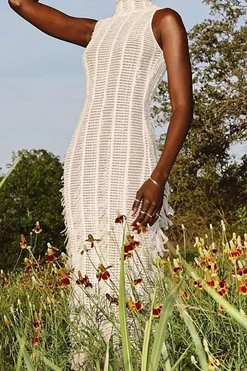 Fringe Mesh Mock Neck Midi Dress