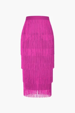 Fringed Tiered Midi Skirt