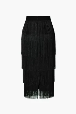 Fringed Tiered Midi Skirt