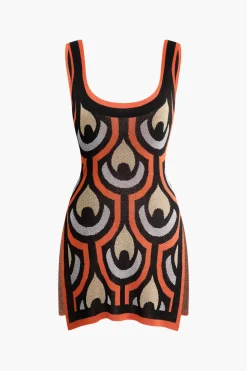 Geometric Pattern Knit Slit Sleeveless Mini Dress
