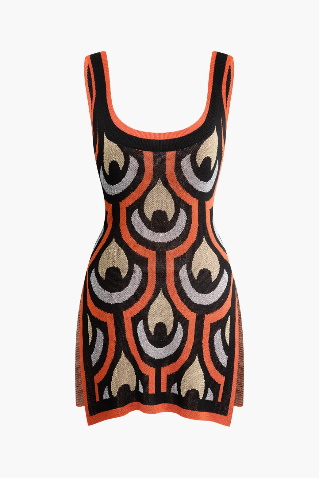 Geometric Pattern Knit Slit Sleeveless Mini Dress