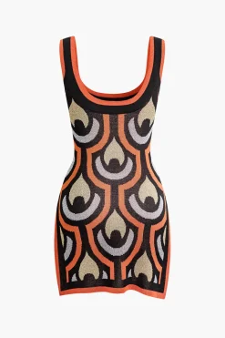 Geometric Pattern Knit Slit Sleeveless Mini Dress