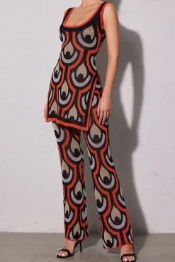 Geometric Pattern Knit Slit Sleeveless Mini Dress