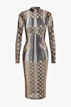 Geometric Print Sheer Mesh Long Sleeve Midi Dress