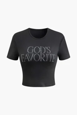 GOD'S FAVORITE Rhinestone Decor Crop T-shirt