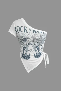 Guitar Print One Shoulder Knot Side Tank Top